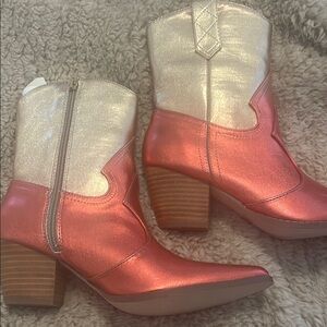 Coral  and Gold Ankle Boots with Chunky Heel and Pointed Toe